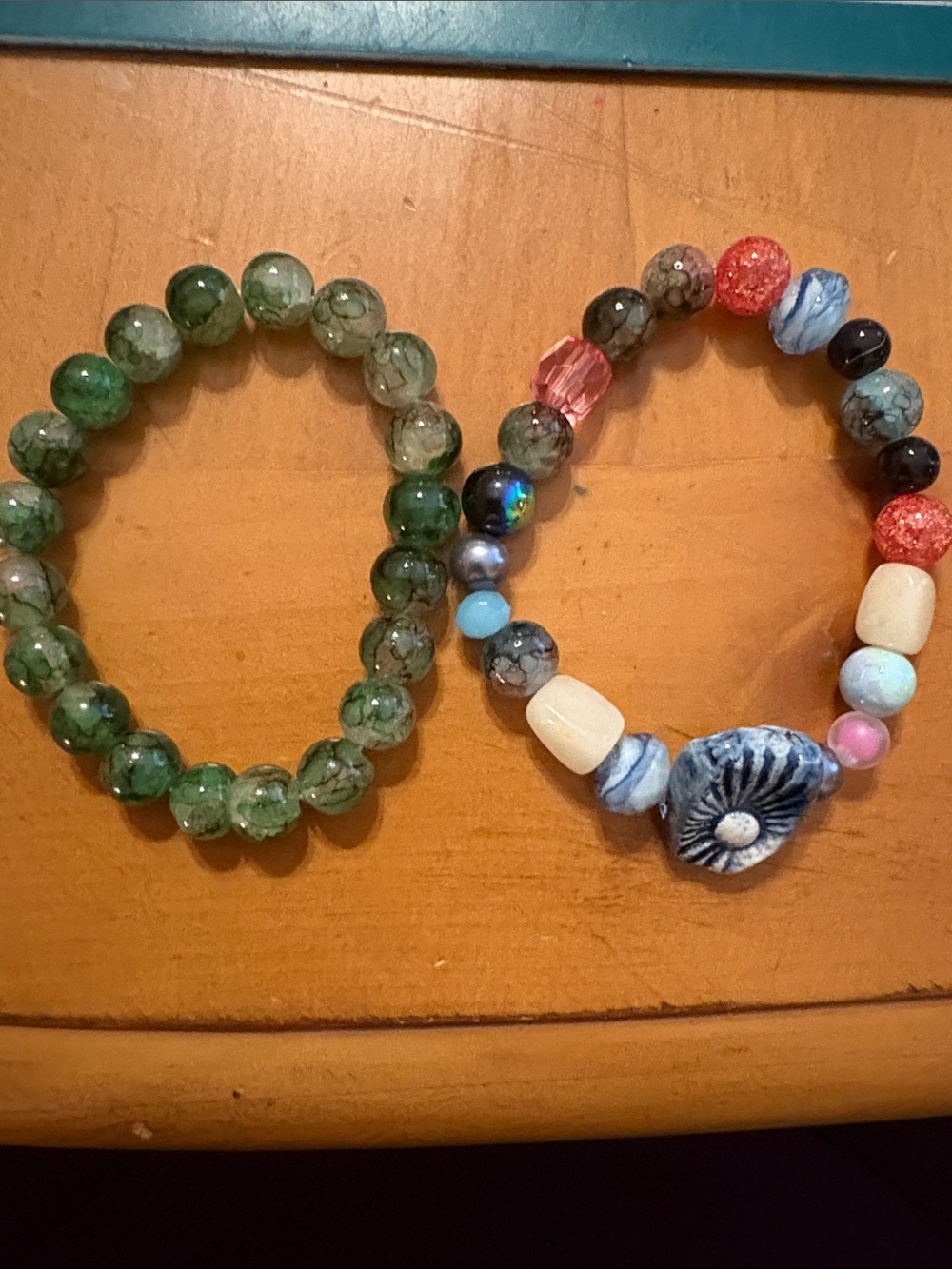 Green Beaded Stretch Bracelet and Multicolor Artisan Bead Bracelet Set